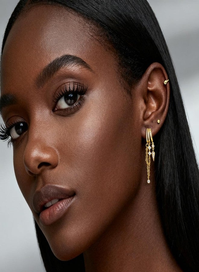 Nylry Gold Earrings for Women Dangle Chain Hoop Earrings that Look Like Multiple Piercings Unique Triple Hoop Earring for Women Trendy Illusion Stud Earring Hypoallergenic Dainty Gold Jewelry-Long - Image 4